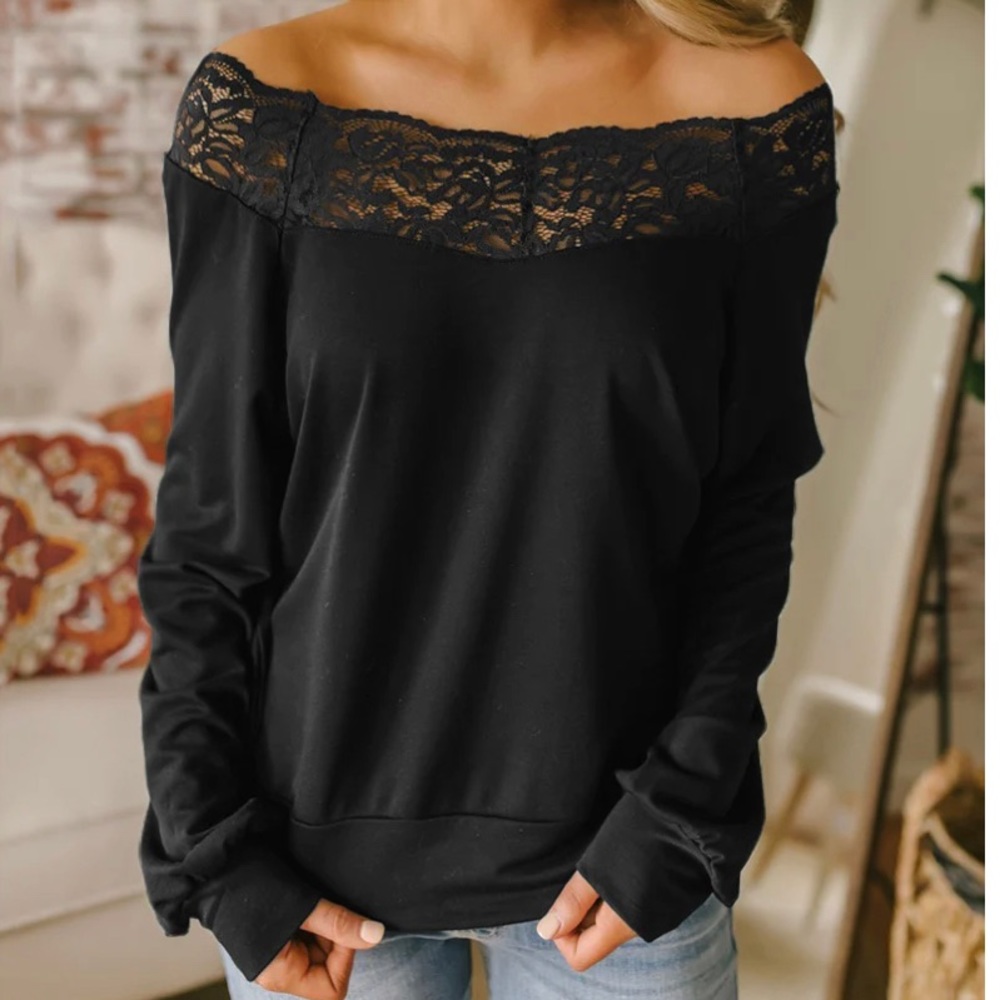 Magnolia Boutique- BLACK LACE DETAIL BOATNECK PULLOVER BLOUSE - Womens